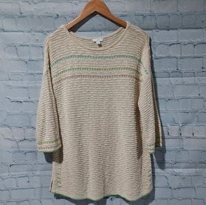 J. Jill Embroidered Cotton Blend Sweater M 3/4 Sleeves Oatmeal Beachy Knit FLAW